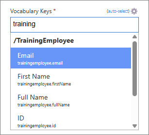 The Vocabulary Keys field with training typed, suggesting the /TrainingEmployee keys Email, First Name, Full Name and ID