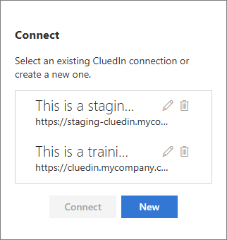 The Connect screen listing two connections, a staging instance and a training instance