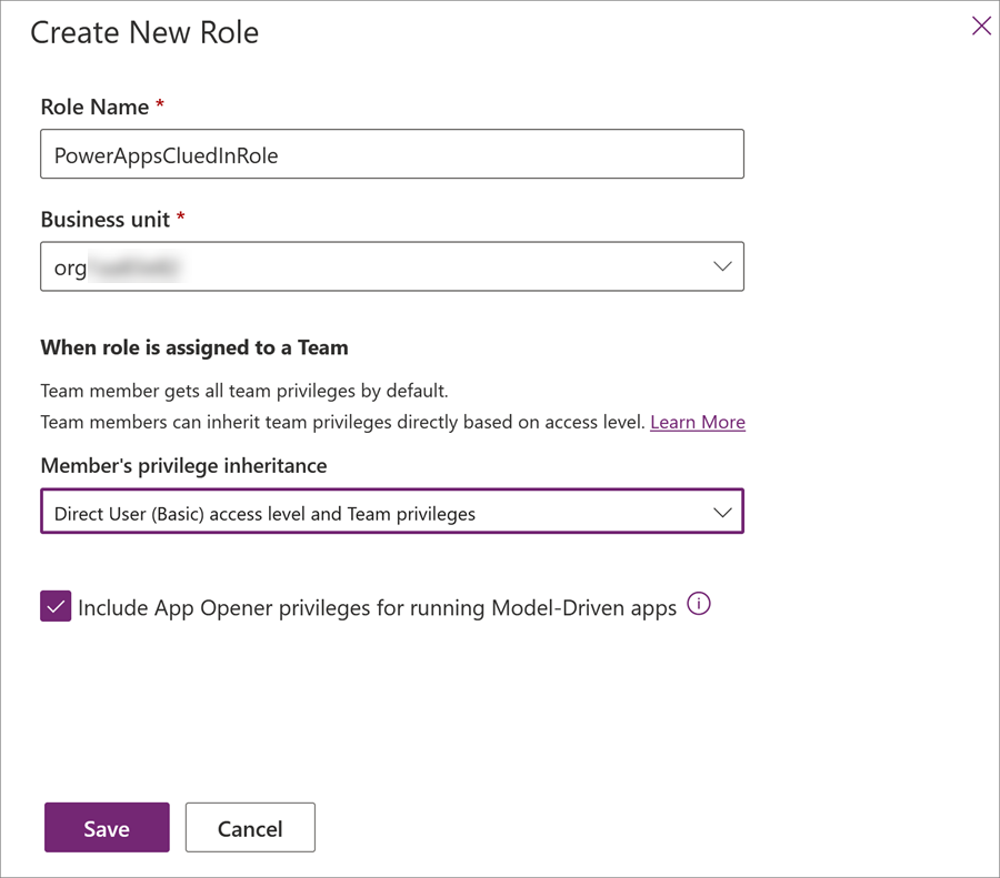 Create New Role pane with the role name PowerAppsCluedInRole, a business unit, member privilege inheritance, and the Save button