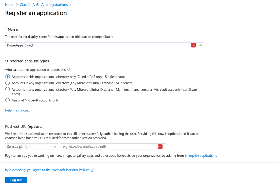 Register an application page with the name PowerApps_CluedIn and Accounts in this organizational directory only selected