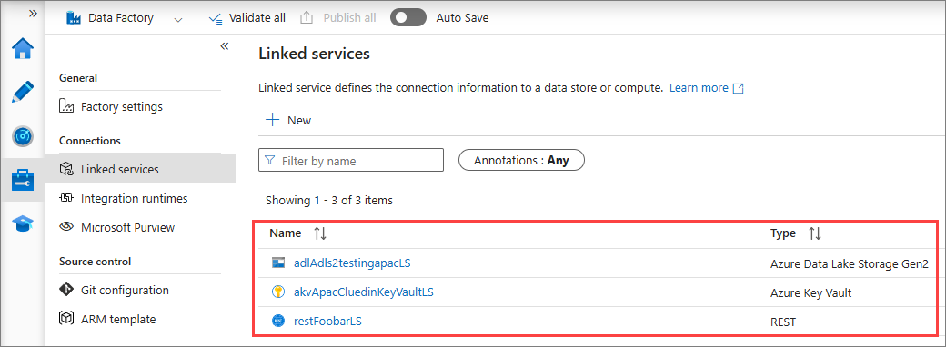 ADF Studio Linked services list with Azure Data Lake Storage Gen2, Azure Key Vault and REST linked services highlighted