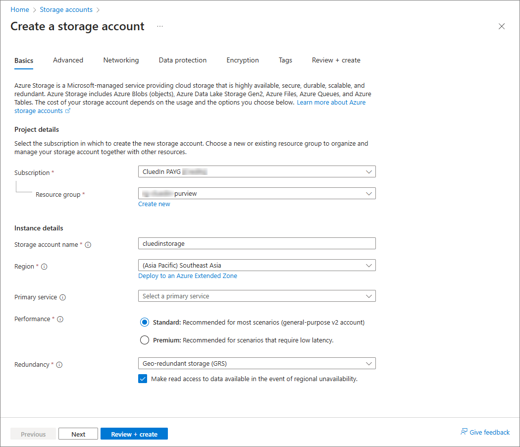 The Basics tab of Create a storage account, with subscription, resource group, name, region, Standard performance and GRS redundancy