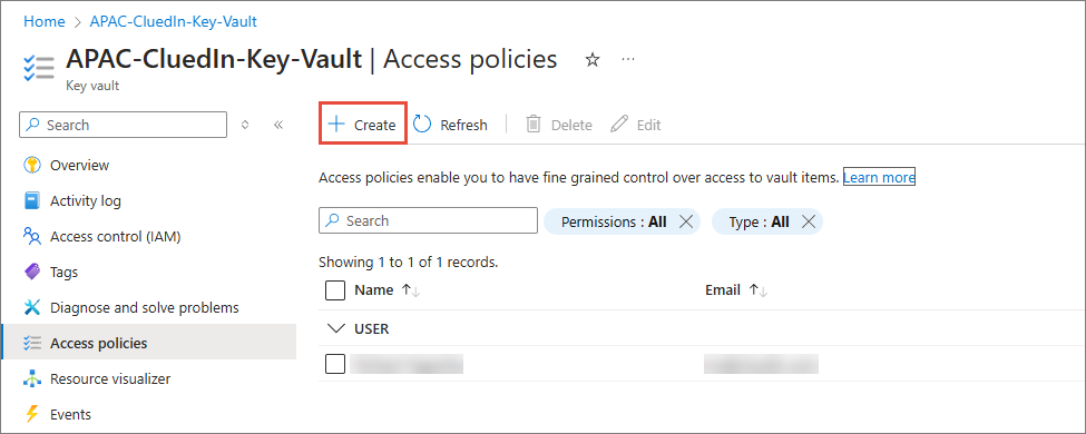 The key vault Access policies page, with + Create highlighted in the toolbar