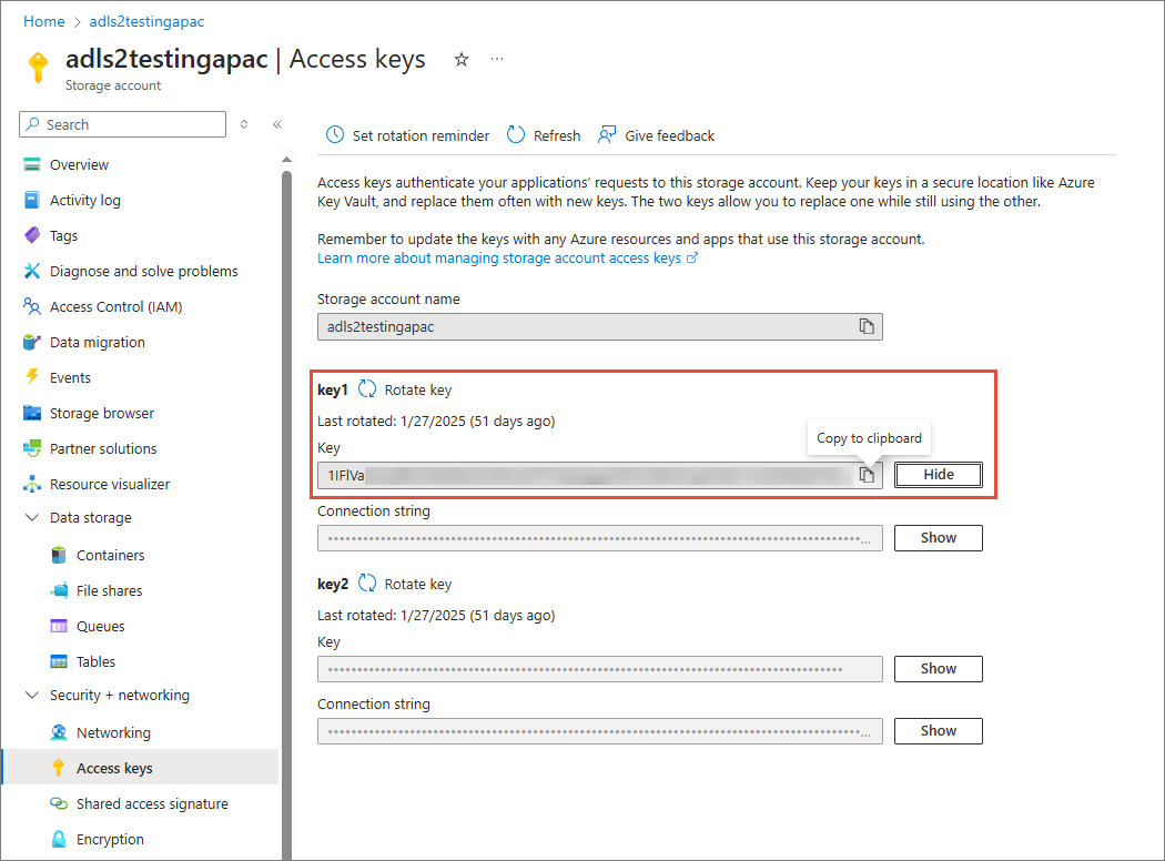 The storage account Access keys page, with the key1 section and its Copy to clipboard button highlighted