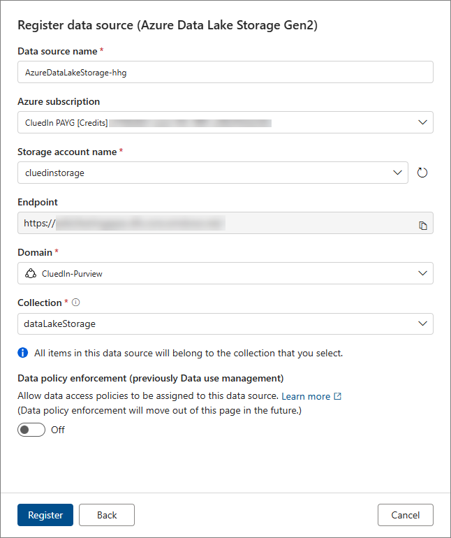 The Register data source form for Azure Data Lake Storage Gen2 with name, storage account, domain and the dataLakeStorage collection set
