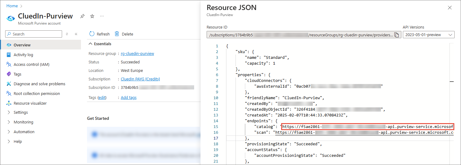 Resource JSON pane of a Microsoft Purview account with the catalog endpoint URL highlighted under endpoints