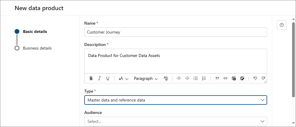 The New data product Basic details step, with Name Customer Journey, a Description, and Type set to Master data and reference data