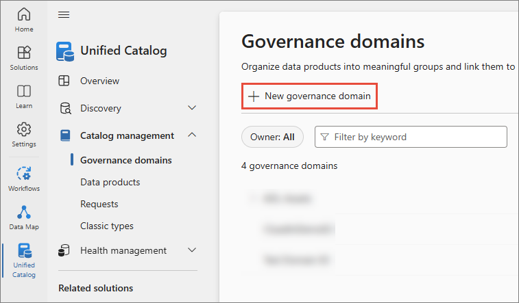 The Governance domains page in Purview Unified Catalog, with New governance domain highlighted