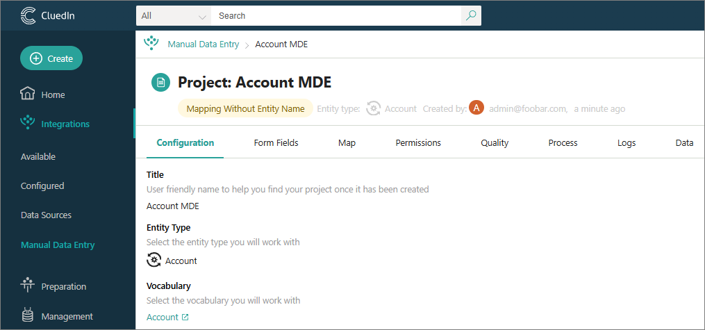 The Configuration tab of the manual data entry project Account MDE, with the Account entity type and vocabulary