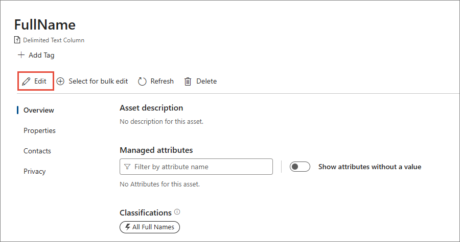 FullName column details pane in Purview with the Edit button highlighted