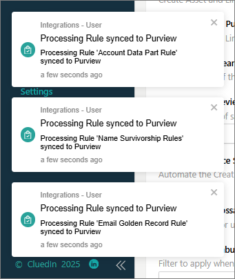CluedIn notifications saying that a data part rule, a survivorship rule and a golden record rule were synced to Purview