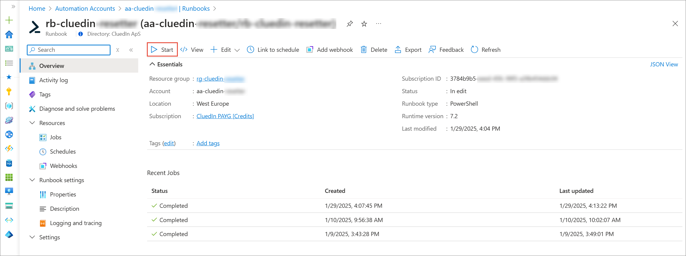 Reset runbook Overview page in the Azure portal with the Start button highlighted in the toolbar