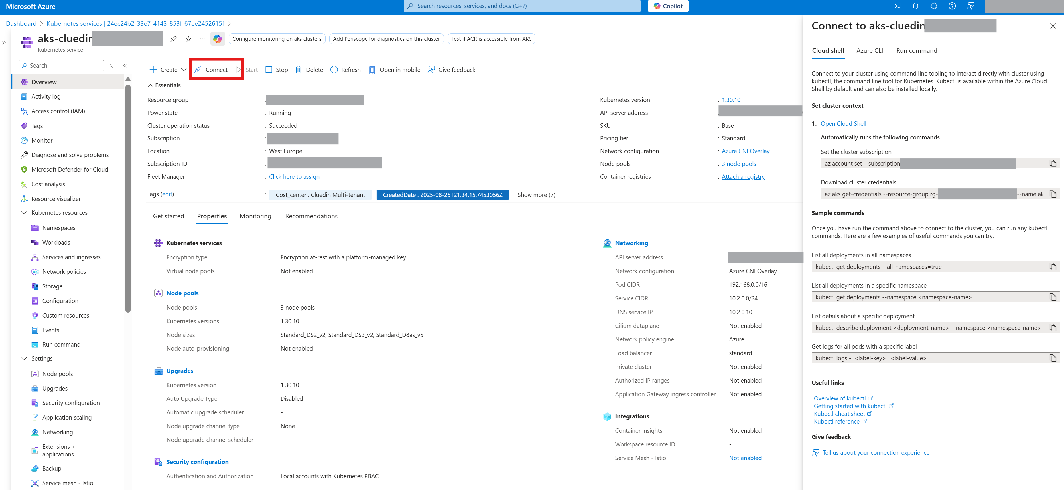 An AKS cluster Overview page in Azure Portal with Connect highlighted, and the Connect pane showing the az aks get-credentials command