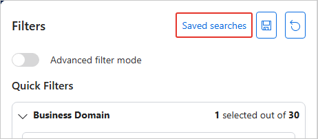 Filters pane on the search page with the Saved searches button highlighted in the upper-right corner