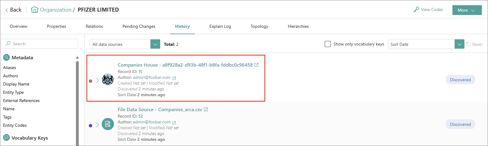 History page of a golden record with the Companies House data part highlighted above the file data source part