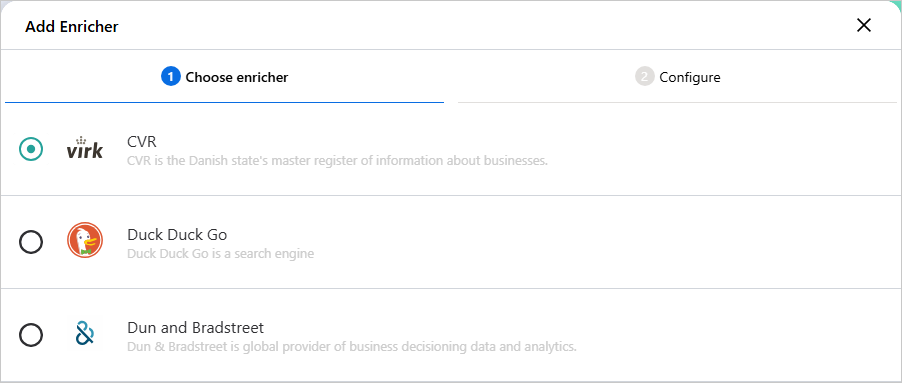 The Add Enricher dialog on the Choose enricher tab, with CVR selected