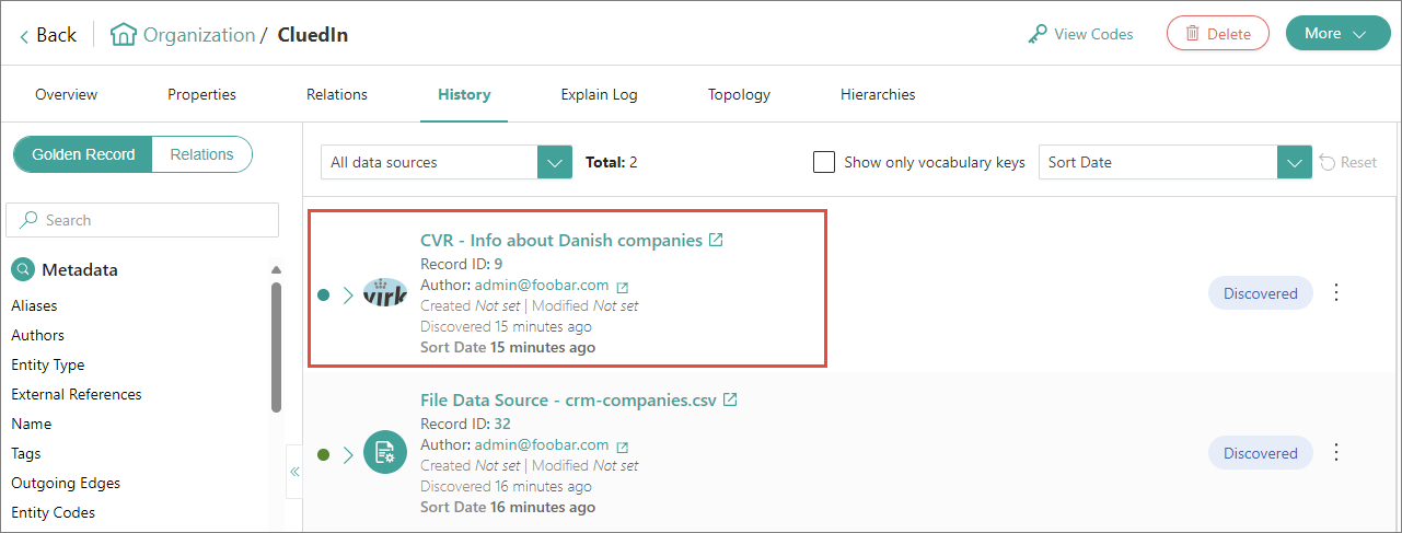 Golden record History page with the data part CVR - Info about Danish companies highlighted above the file data source part