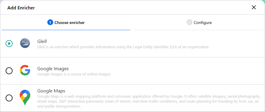 Add Enricher dialog on the Choose enricher tab with Gleif selected