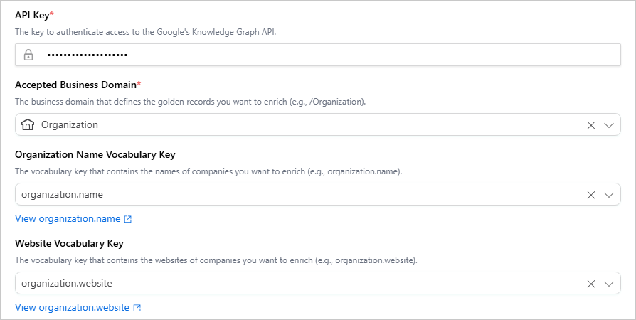 Configure tab with API Key, Accepted Business Domain set to Organization, and the organization name and website vocabulary keys filled in