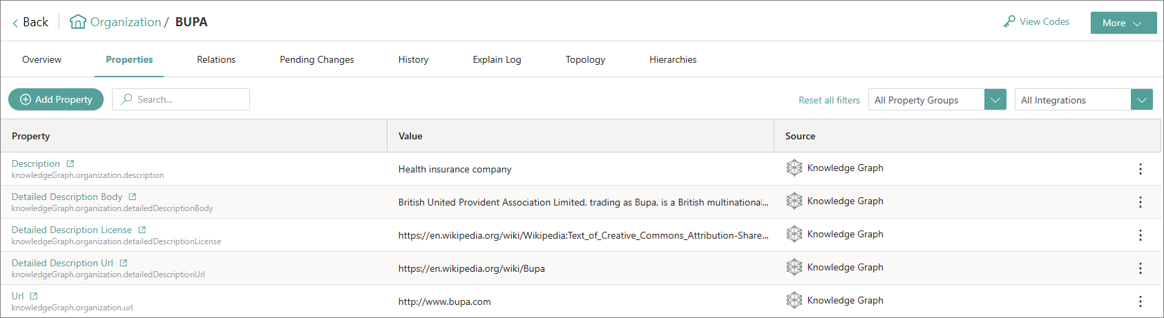 Properties page of a golden record listing properties whose Source is Knowledge Graph, such as description and URL