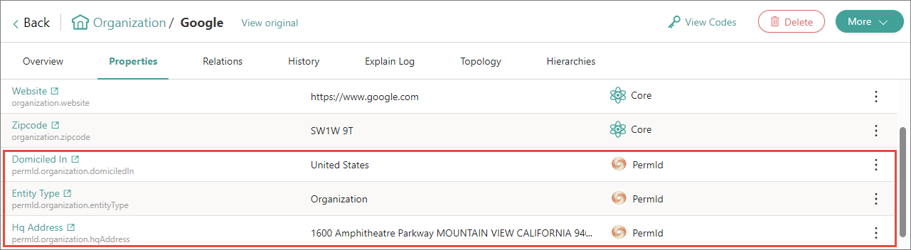Properties page of a golden record with Domiciled In, Entity Type and Hq Address properties from PermId highlighted