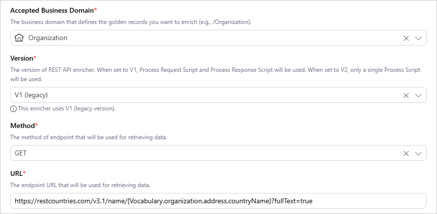REST API enricher Configure tab with Accepted Business Domain Organization, Version V1 (legacy), Method GET, and a URL with a vocabulary key placeholder